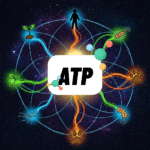 Hình minh họa phân tử ATP phát sáng ở trung tâm, tỏa năng lượng để vận hành các biểu tượng của sự sống như thực vật, động vật và vi khuẩn.