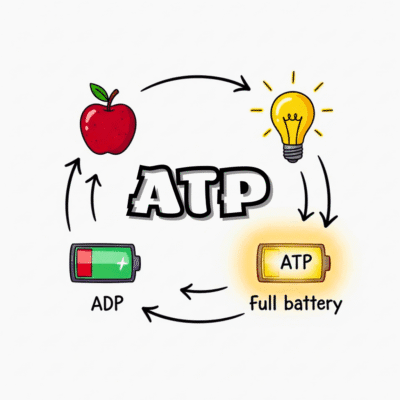 Sơ đồ chu trình ATP và ADP, minh họa quá trình nạp và xả năng lượng giống như một viên pin có thể sạc lại.