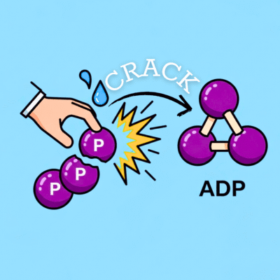 Minh họa cơ chế hoạt động của ATP, nơi một liên kết phosphate bị bẻ gãy để giải phóng ra một luồng năng lượng.