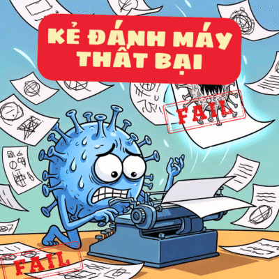 Minh họa virus HIV như một người đánh máy cẩu thả tạo ra vô số lỗi, tượng trưng cho tốc độ đột biến cực nhanh của HIV và khả năng hồi sinh độc lực.