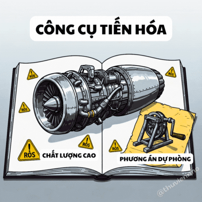 Một cuốn sách "Hộp Dụng Cụ Của Tiến Hóa" mở ra, trang chính là động cơ phản lực (hô hấp hiếu khí) và trang phụ là chiếc tay quay cũ (hô hấp kỵ khí).