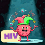 Minh họa virus HIV đội nón hề như một kẻ phản diện ranh ma, giải thích tại sao việc tạo vắc-xin HIV dựa trên virus giảm độc lực lại thất bại.