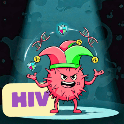 Minh họa virus HIV đội nón hề như một kẻ phản diện ranh ma, giải thích tại sao việc tạo vắc-xin HIV dựa trên virus giảm độc lực lại thất bại.