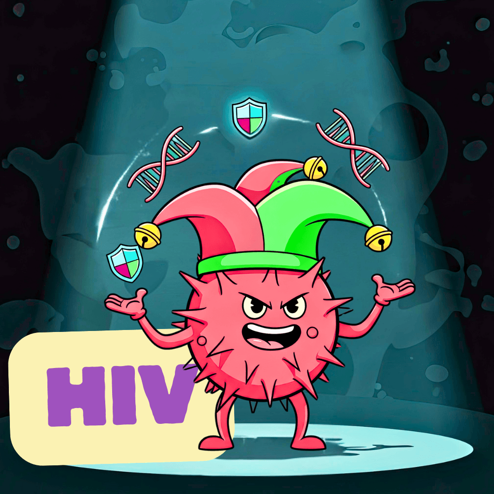 Minh họa virus HIV đội nón hề như một kẻ phản diện ranh ma, giải thích tại sao việc tạo vắc-xin HIV dựa trên virus giảm độc lực lại thất bại.