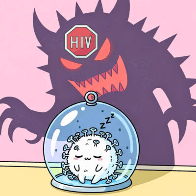 Hình ảnh virus HIV giảm độc lực trông có vẻ vô hại, nhưng chiếc bóng của nó lại là một con quái vật khổng lồ, tượng trưng cho nguy cơ tái kích hoạt nguy hiểm.