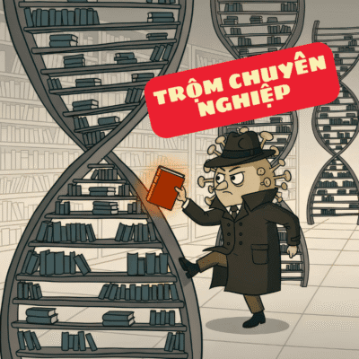 Hình ảnh virus HIV như một điệp viên, lén chèn bộ gen của nó vào thư viện DNA của tế bào người, trở thành một phần vĩnh viễn không thể loại bỏ.