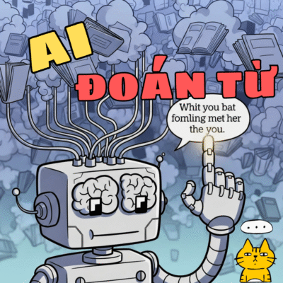 Minh họa cách Mô hình Ngôn ngữ Lớn (LLM) hoạt động, một bộ não robot kết nối với thư viện khổng lồ để dự đoán từ tiếp theo trong một câu.