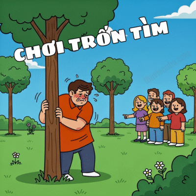 Hình ảnh hài hước một người mặc áo cam chơi trốn tìm và bị phát hiện ngay lập tức trong công viên xanh.