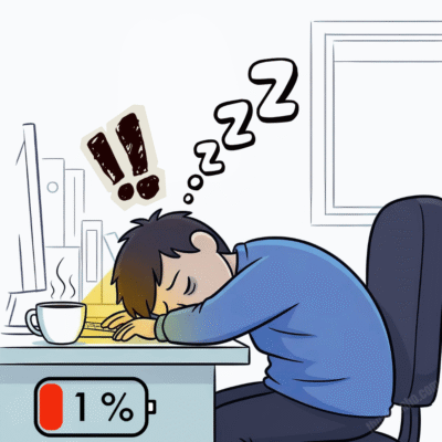 Một người đang mệt mỏi và "hết pin" được một ly cà phê tỏa sáng "nạp lại năng lượng".