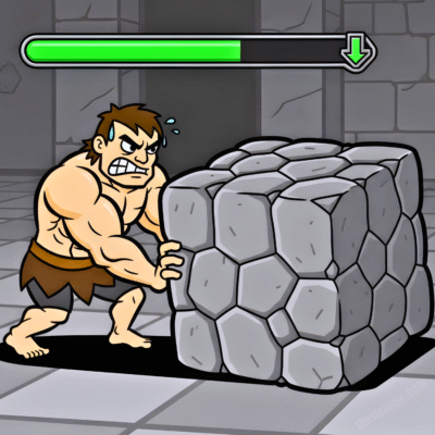 Nhân vật game đang đẩy một khối đá, thanh thể lực (năng lượng) phía trên đang giảm dần.