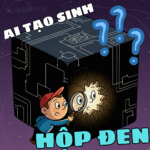 Minh họa khái niệm hộp đen AI, một khối lập phương công nghệ khổng lồ, bí ẩn mà con người đang cố gắng tìm hiểu nguyên lý hoạt động bên trong.