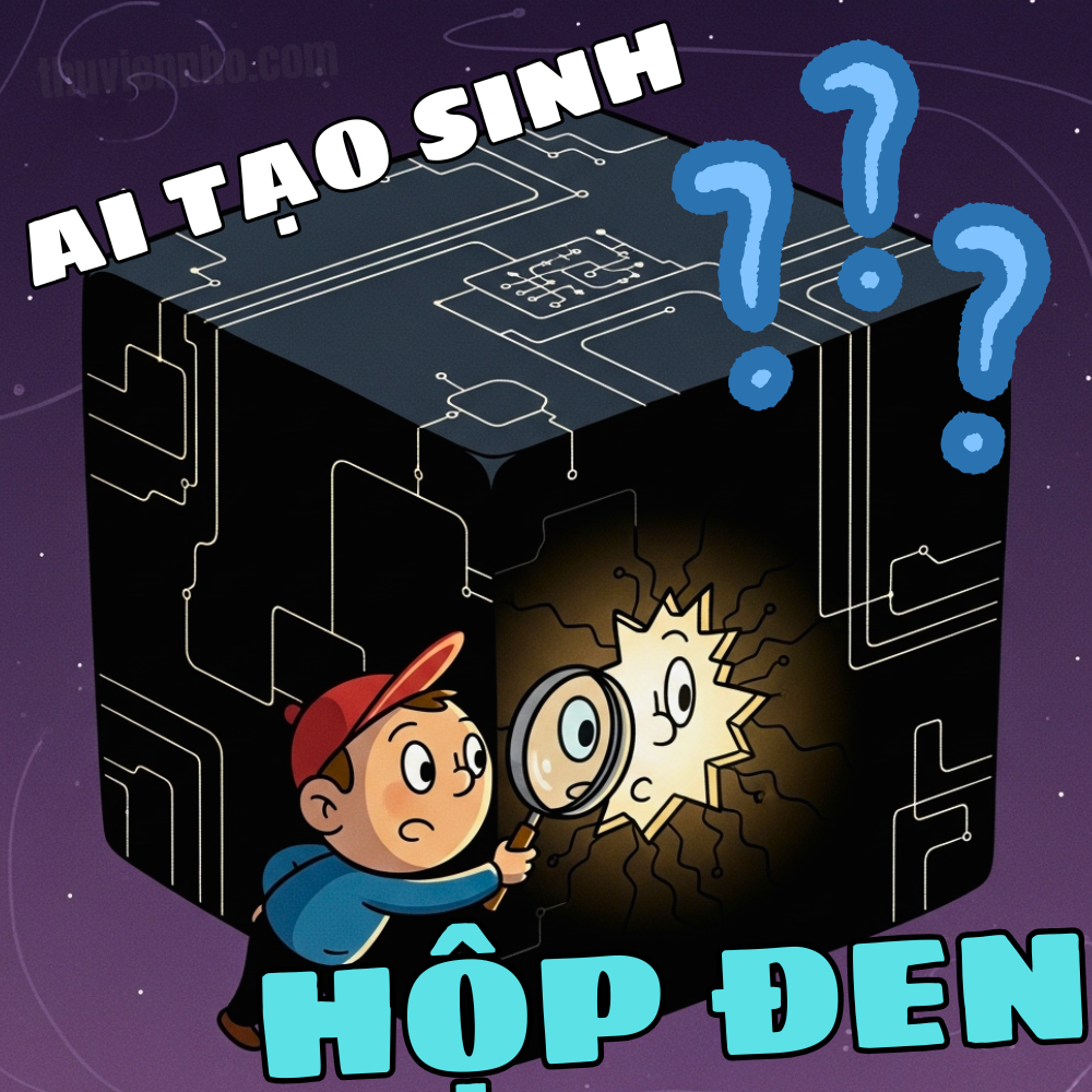 Minh họa khái niệm hộp đen AI, một khối lập phương công nghệ khổng lồ, bí ẩn mà con người đang cố gắng tìm hiểu nguyên lý hoạt động bên trong.