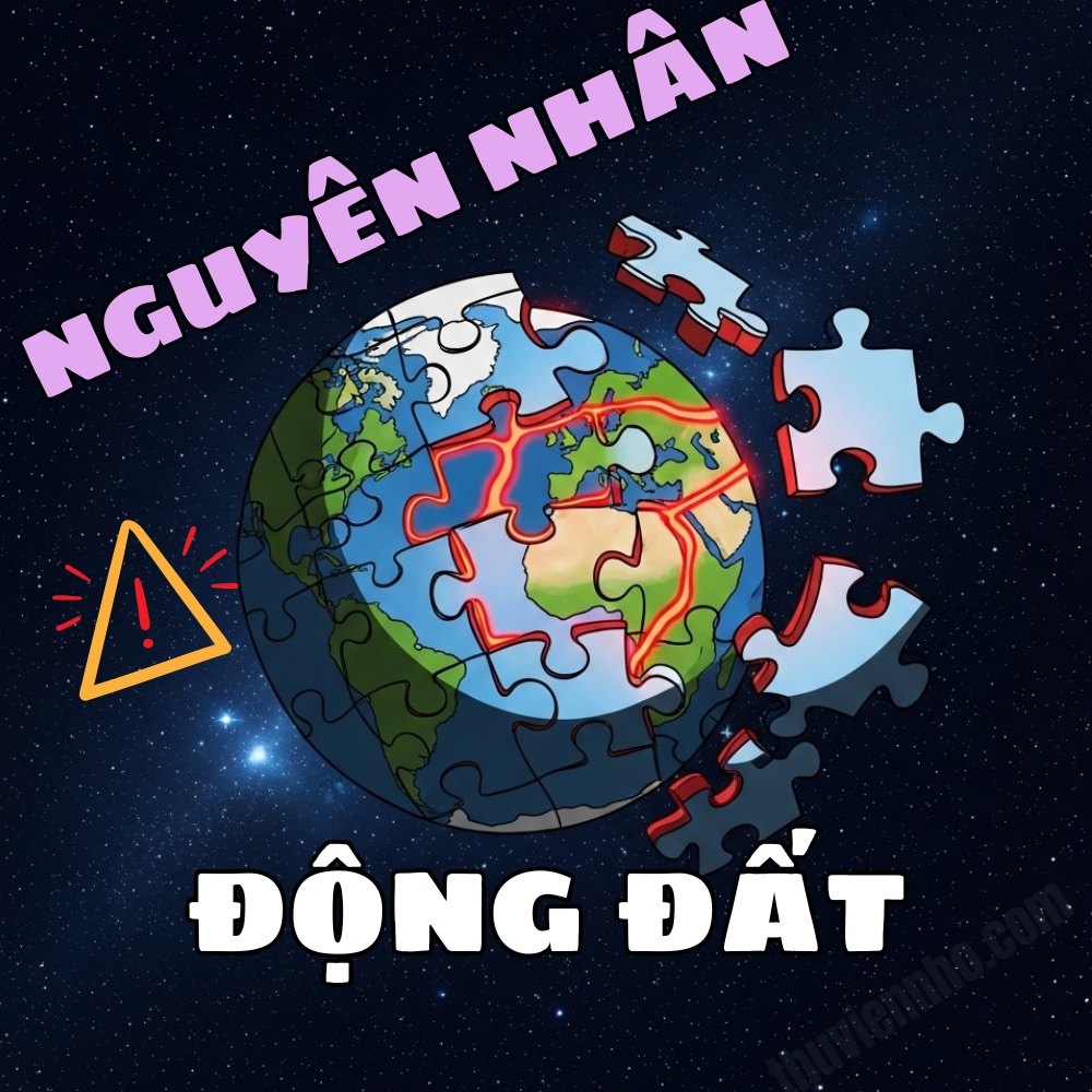 Minh họa Trái Đất như một trò chơi xếp hình với các mảng kiến tạo đang dịch chuyển, giải thích nguyên nhân gây ra động đất.