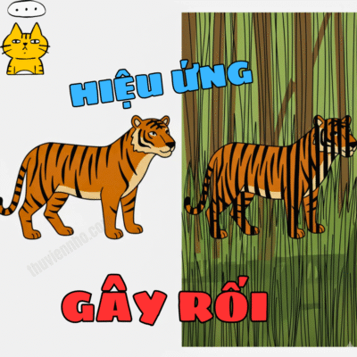 Minh họa hiệu ứng gây rối, so sánh một hình hổ trơn và một hình hổ có sọc vằn, cho thấy sọc vằn phá vỡ đường viền cơ thể.