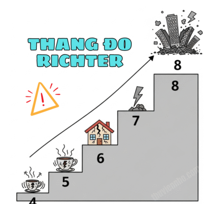 Giải thích thang đo logarit của độ Richter qua hình ảnh các cấp độ thiệt hại tăng dần.