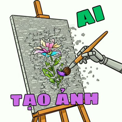 Hình ảnh minh họa quá trình khuếch tán trong AI tạo ảnh, một cánh tay robot đang dần biến một bức tranh nhiễu ngẫu nhiên thành một bông hoa rõ nét