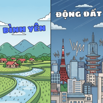 Hình ảnh so sánh sự bình yên ở Việt Nam và sự rung chuyển vì động đất ở Nhật Bản.