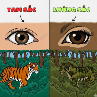 So sánh tầm nhìn của người (tam sắc) và tầm nhìn của hươu (lưỡng sắc) khi nhìn một con hổ trong rừng.