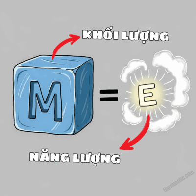 Một khối băng (tượng trưng cho khối lượng) bằng một đám hơi nước (tượng trưng cho năng lượng), minh họa phương trình E=mc².