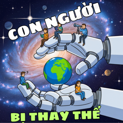 Hình minh họa bàn tay robot khổng lồ nâng đỡ trái đất và con người nhỏ bé