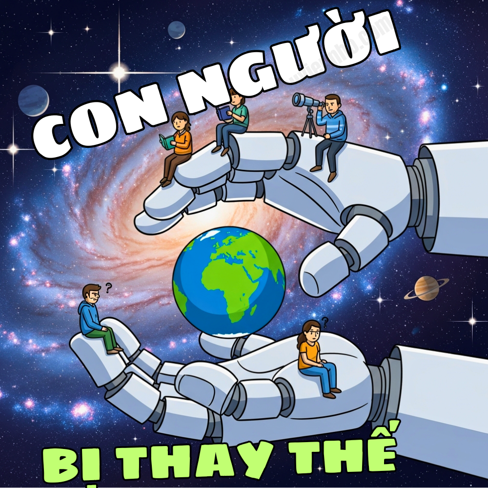 Hình minh họa bàn tay robot khổng lồ nâng đỡ trái đất và con người nhỏ bé