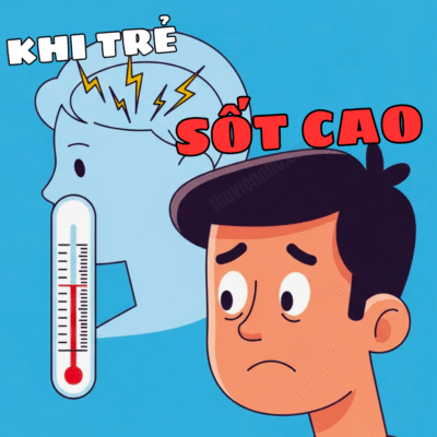 Hình minh họa cha mẹ lo lắng nhìn nhiệt kế sốt cao và hình ảnh cơn co giật trong não trẻ.