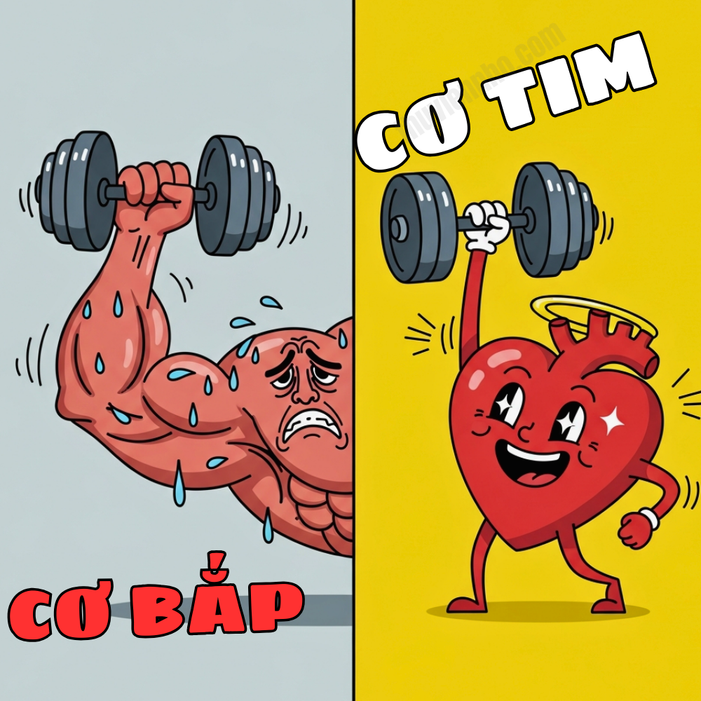 Hình minh họa so sánh cơ bắp tay mệt mỏi và cơ tim khỏe mạnh đang nâng tạ.