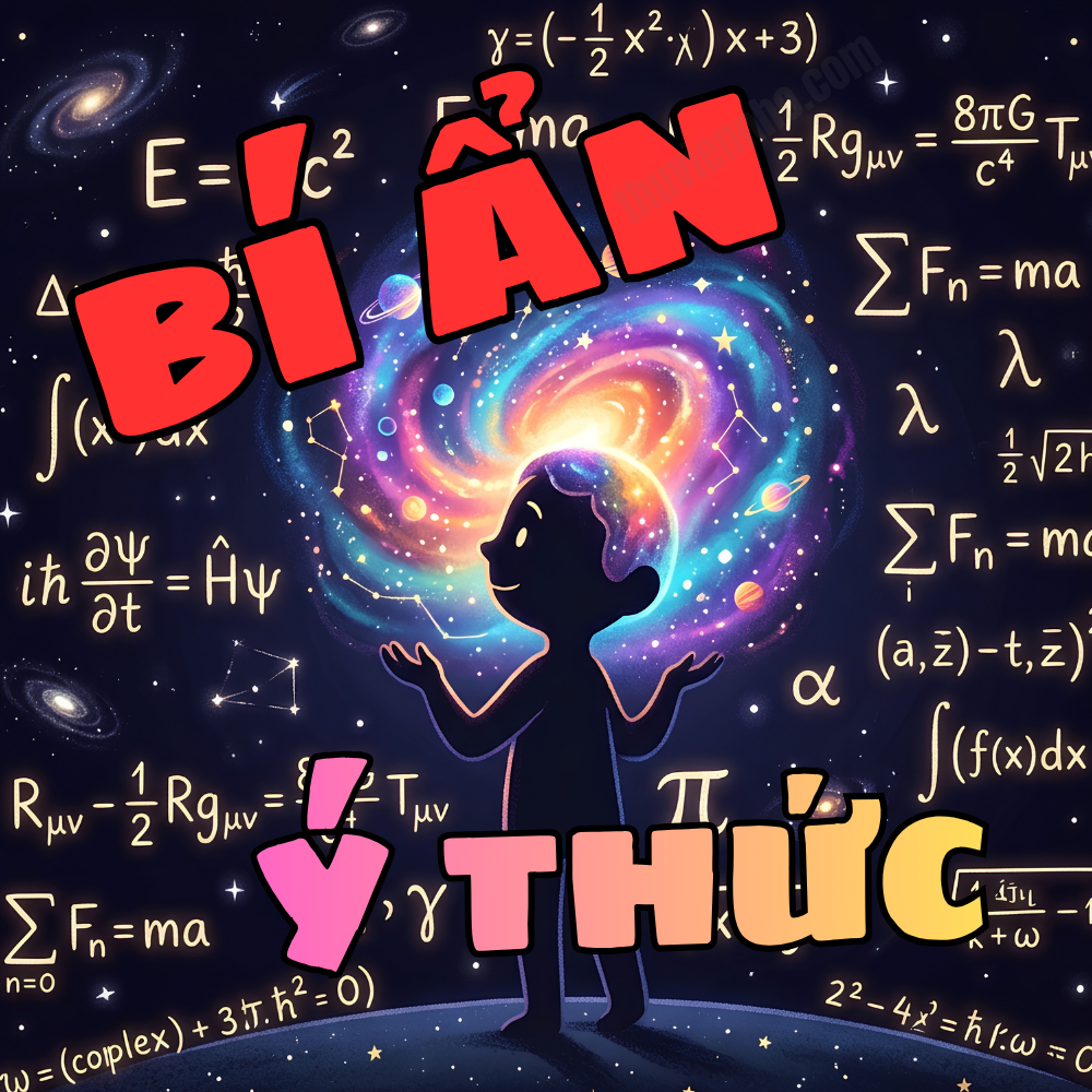 Hình minh họa bóng người với vũ trụ màu sắc rực rỡ bên trong đầu, xung quanh là các công thức toán học, tượng trưng cho qualia và bí ẩn ý thức.