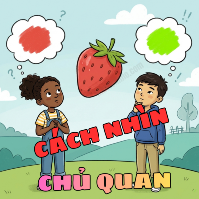 Hai người cùng nhìn một quả dâu tây nhưng trong suy nghĩ mỗi người lại thấy một màu sắc khác nhau, minh họa cho tính chủ quan của qualia.