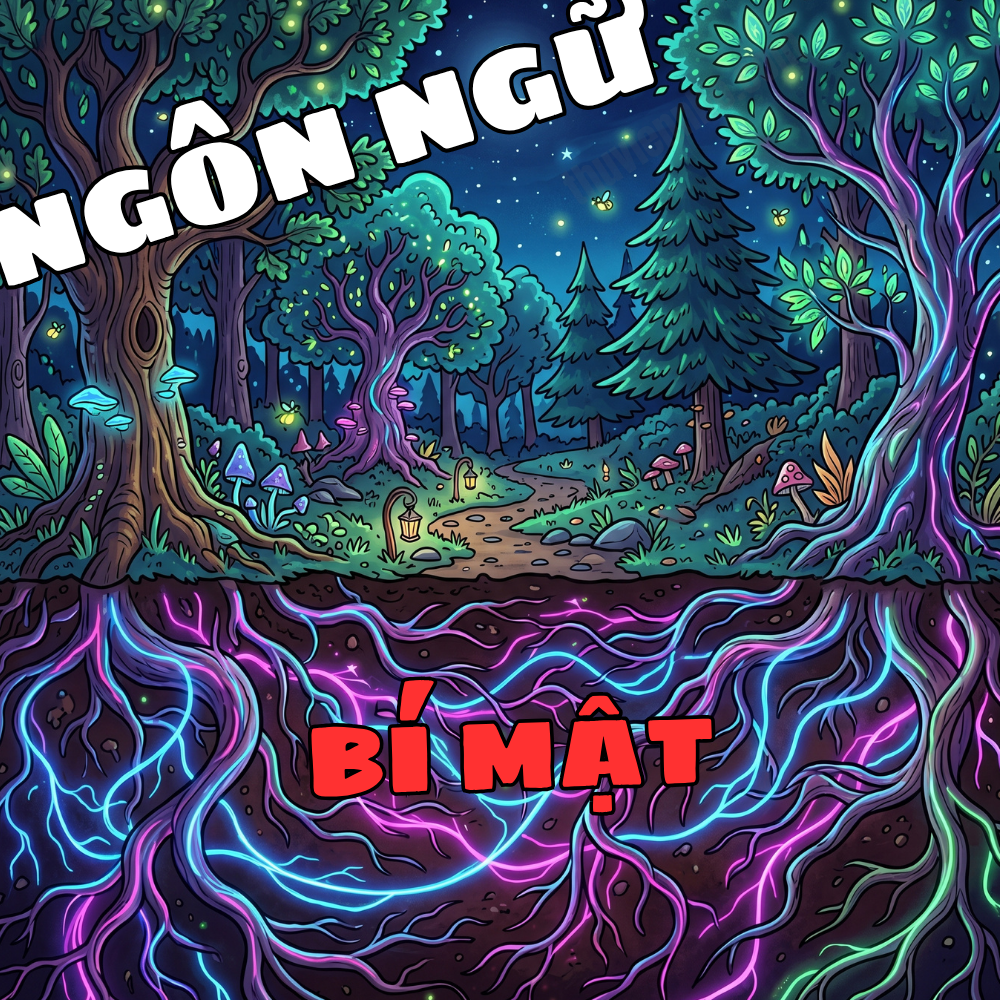 Minh họa mạng lưới giao tiếp rễ cây phát sáng trong rừng.