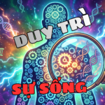 Hình bóng con người chứa các bánh răng phát sáng, đại diện cho 7 công cụ duy trì sự sống và cơ chế sinh học của tế bào
