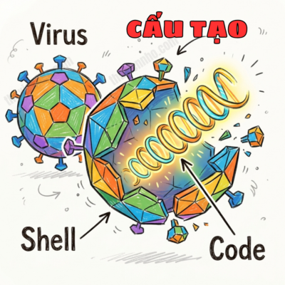 Sơ đồ cấu trúc tối giản của virus gồm vỏ và vật chất di truyền.