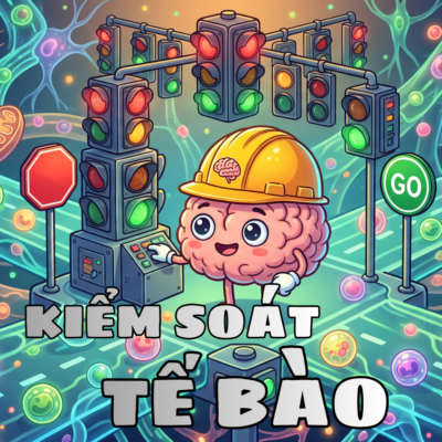 Bộ não đội mũ bảo hộ đang điều khiển hệ thống đèn giao thông cho các tế bào di chuyển, tượng trưng cho chu trình tế bào
